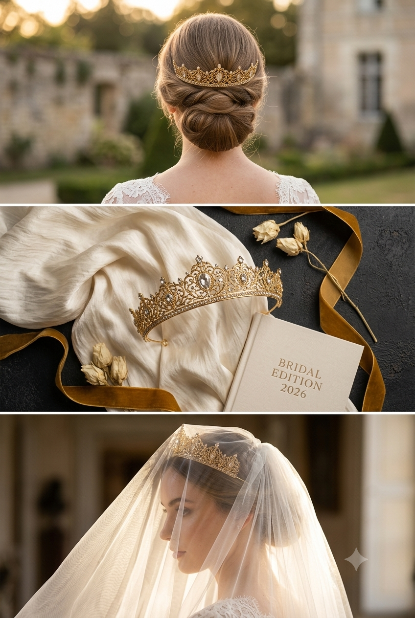 Collage of a woman wearing a gold tiara with a castle in the background