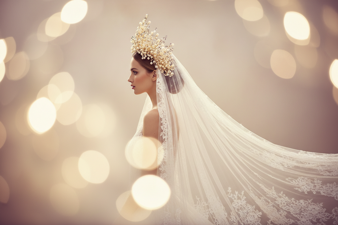 Bride wearing a delicate gold hair crown with a flowing veil on her wedding day