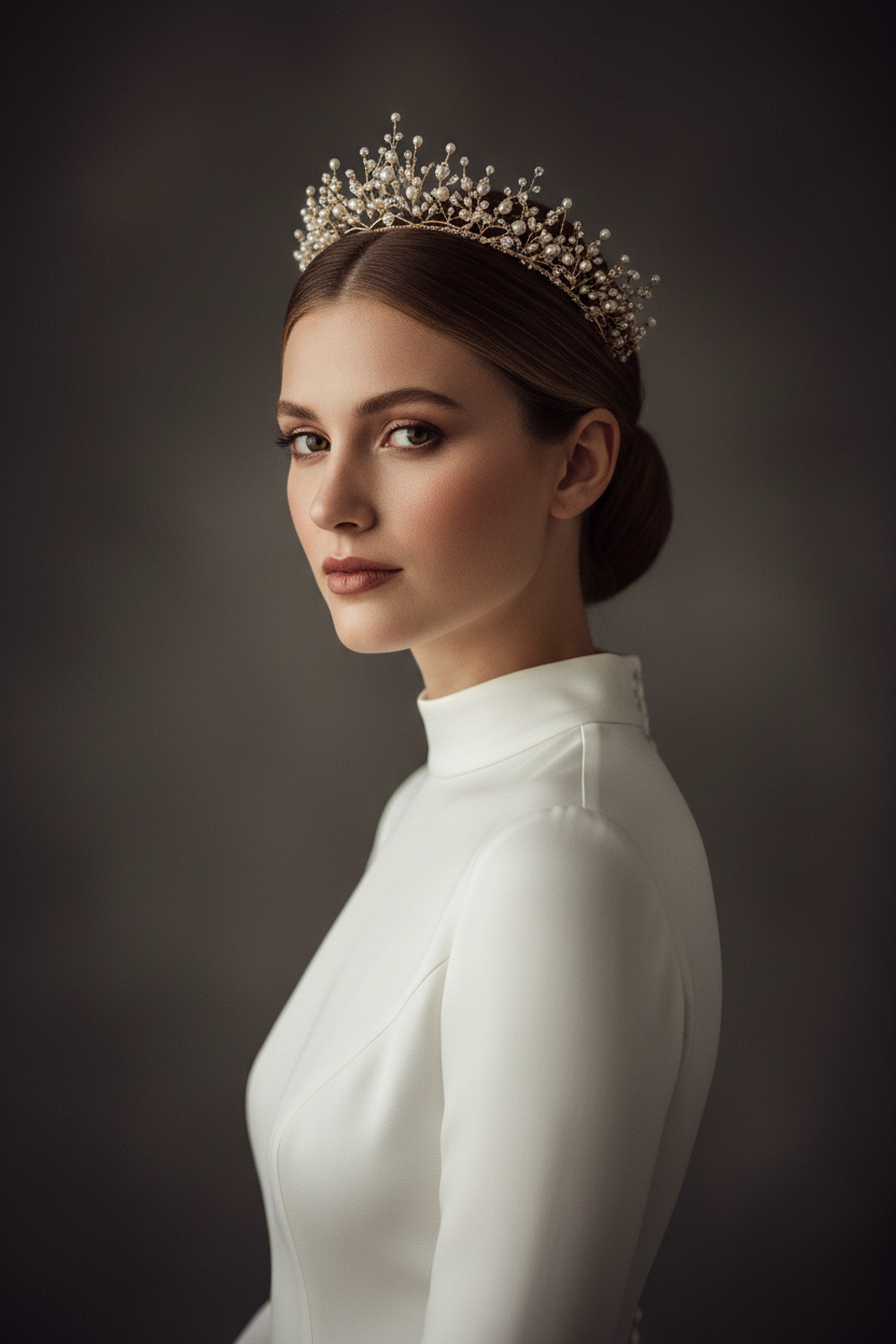 Bride styling a gold wedding crown with an elegant low bun hairstyle