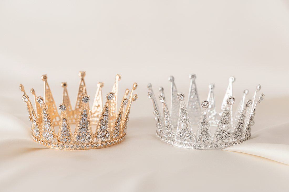 Gold and silver bridal hair crowns side by side, comparing finishes by skin tone