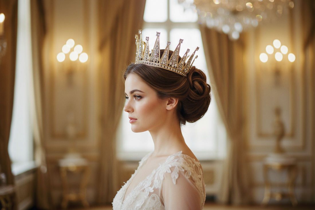 Bridal hair crown selection guide showcasing gold and silver halo options