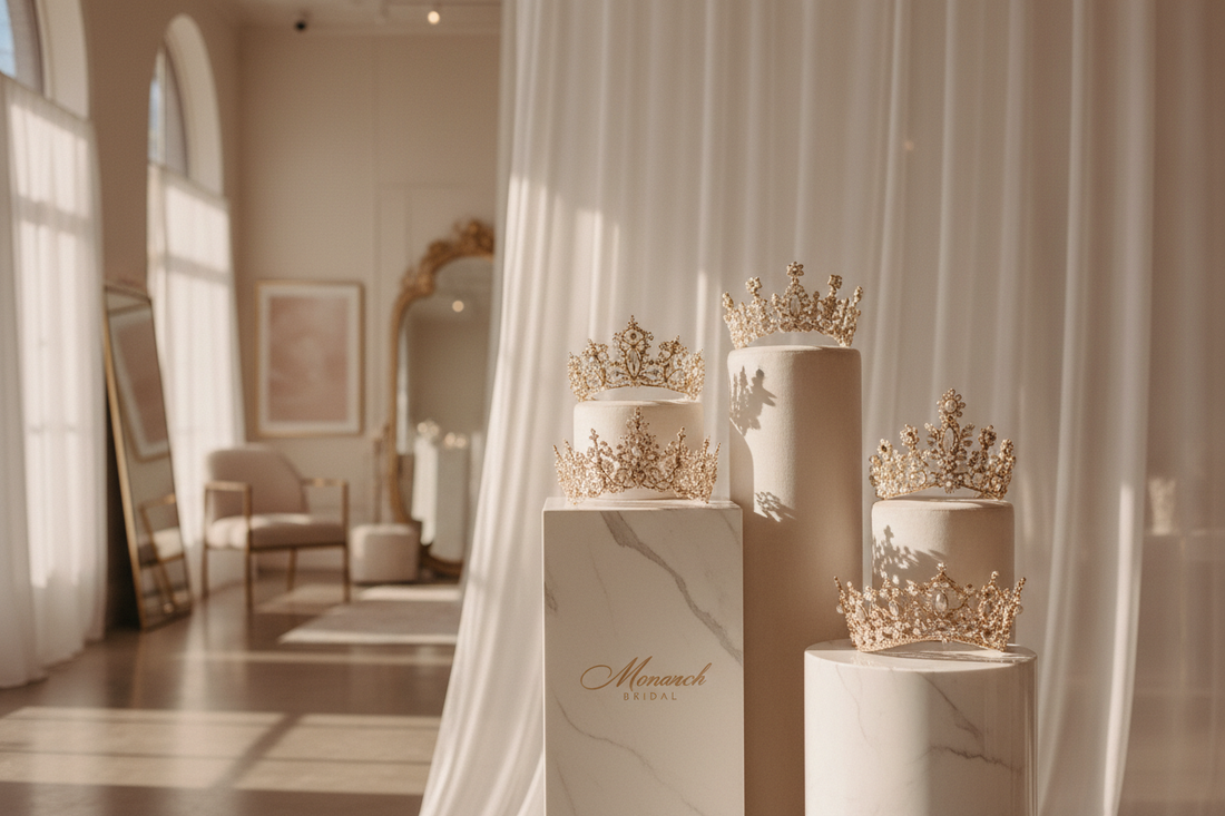 Bridal hair crown collection displayed in a luxury minimalist bridal atelier with soft natural morning light