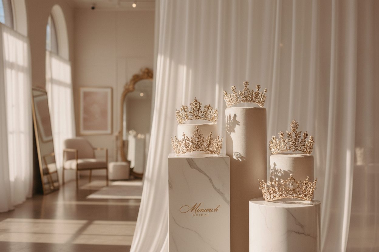 Bridal hair crown collection displayed in a luxury minimalist bridal atelier with soft natural morning light