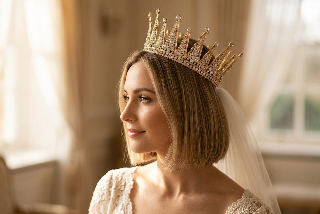 Lumière Bridal hair crown worn on short hair bride — gold bridal headpiece for bob and pixie cuts