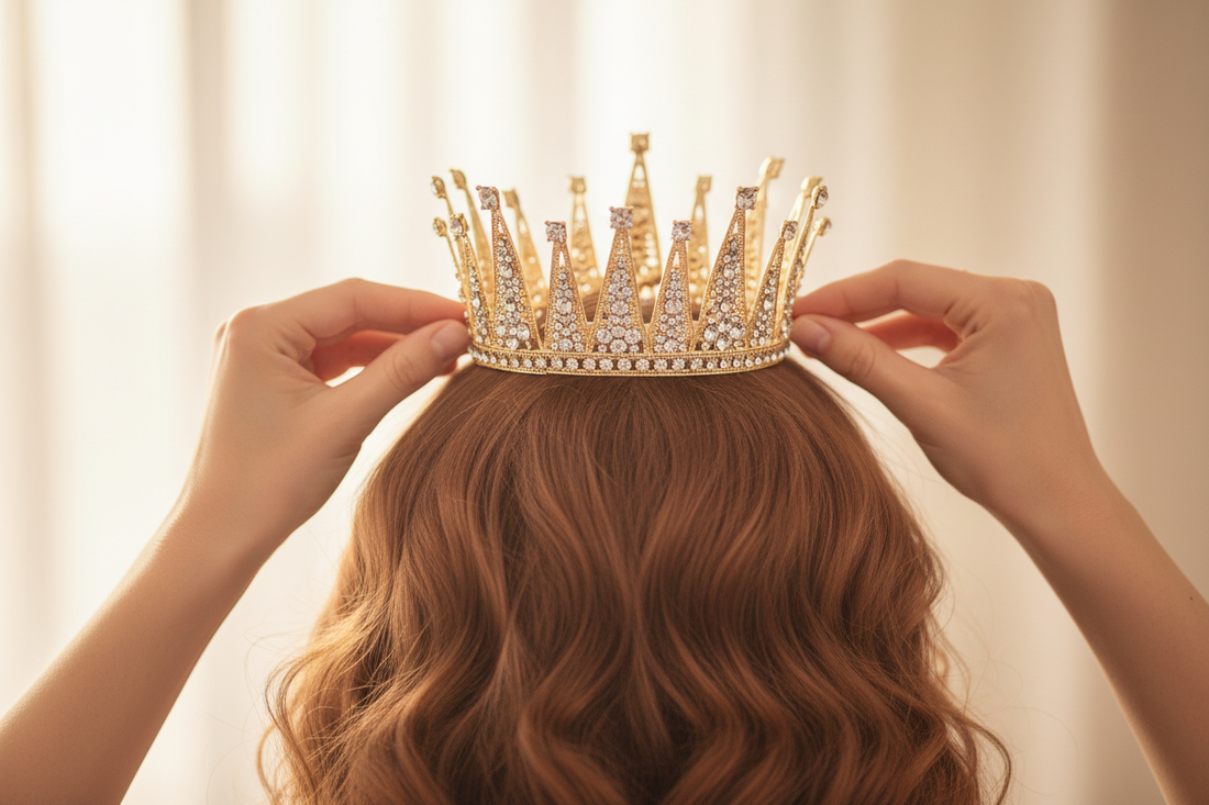 Two hands placing a gold bridal crown — how to wear a hair crown without bobby pins, Lumière Bridal