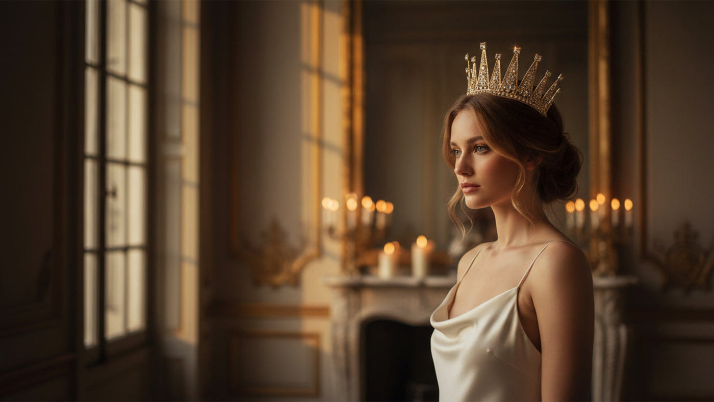 Woman wearing a crown in an elegant room with candles and a fireplace.