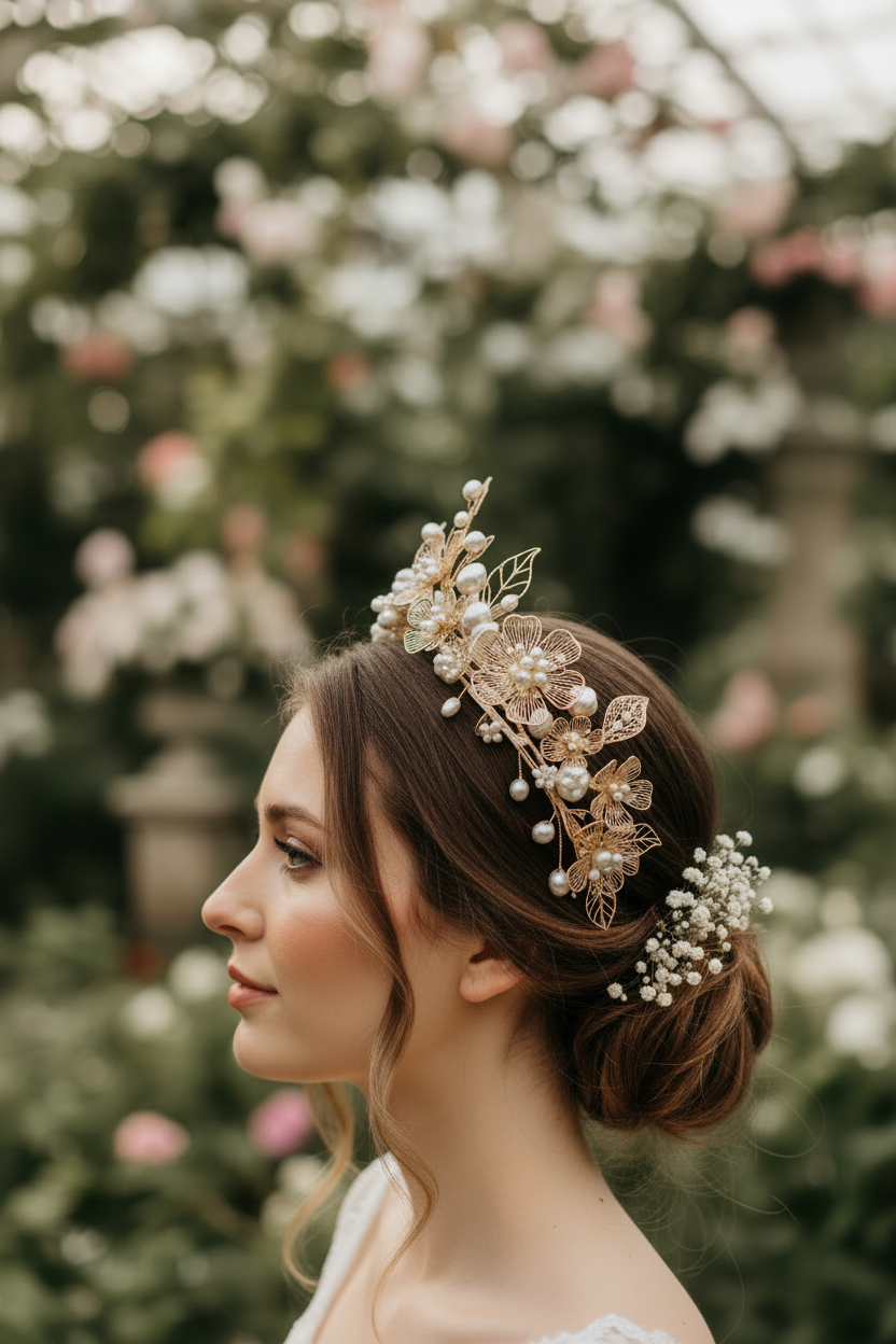 Bride wearing a 3D floral filigree gold crown with pearls and a romantic low chignon hairstyle
